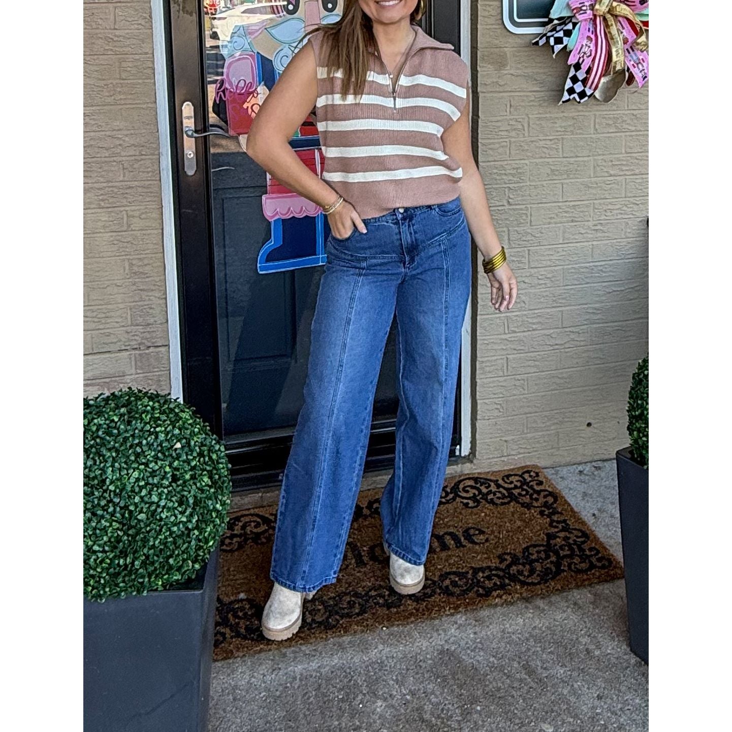 Rivers Stripe Top, Taupe/Cream