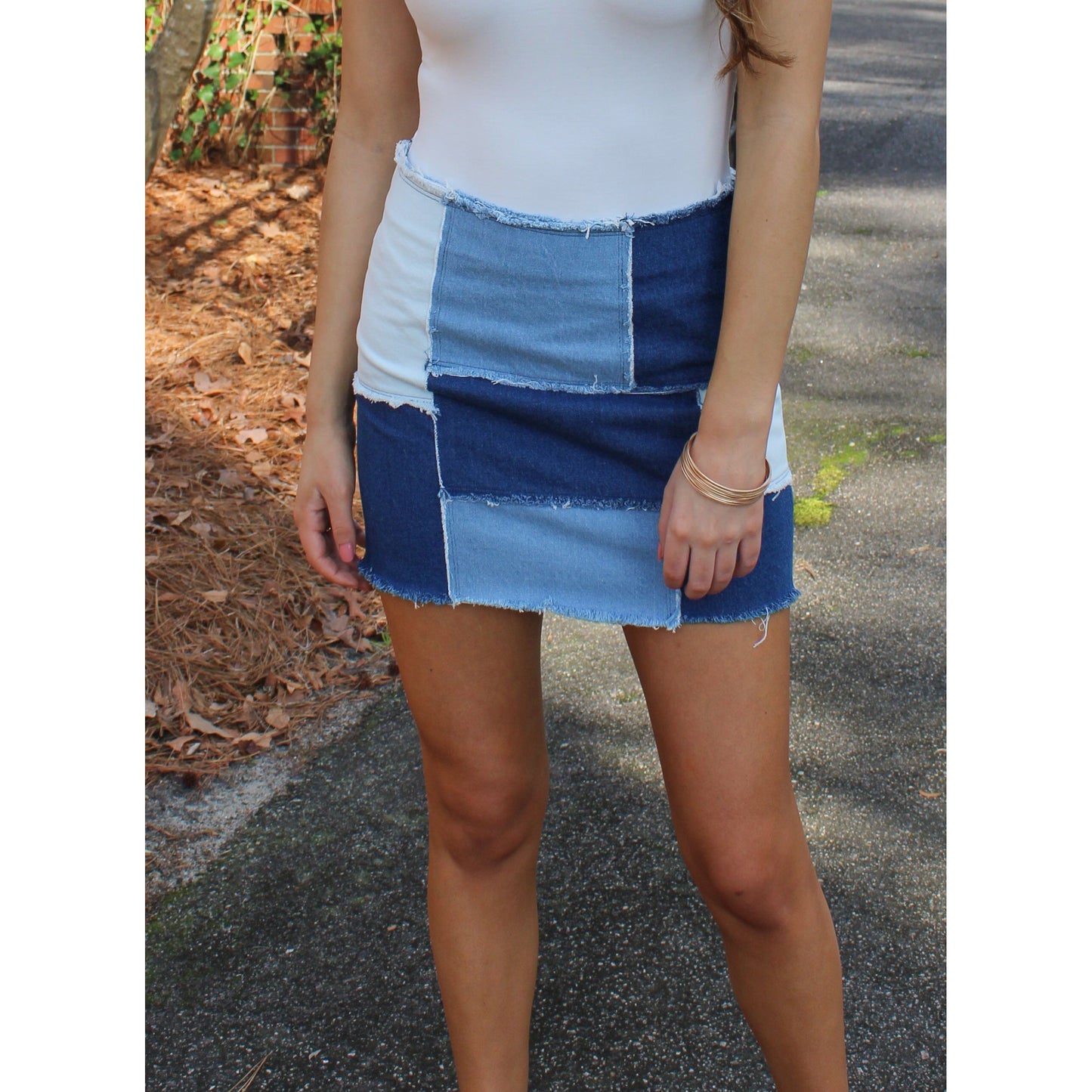 Maren Patchwork Denim Mini Skirt, Multi-Color Wash
