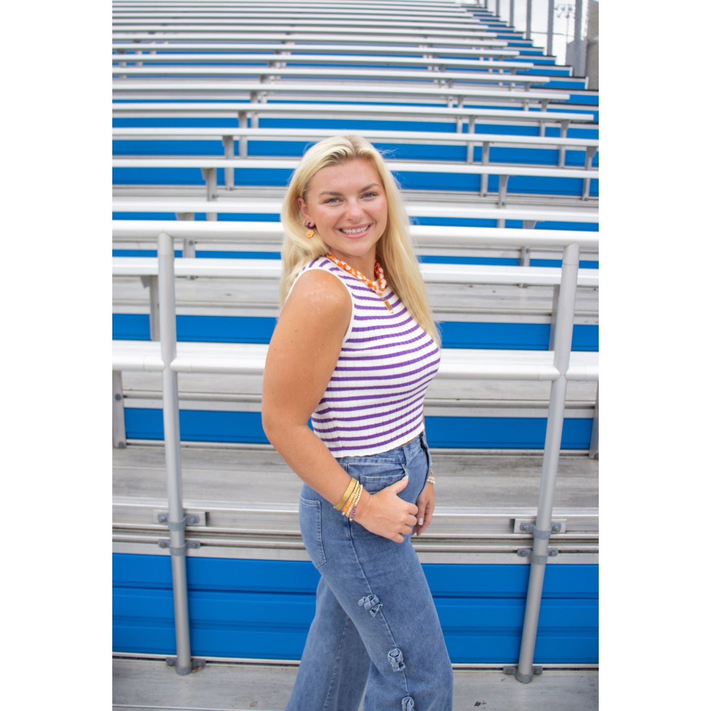 Collins Stripe Top, White/Purple