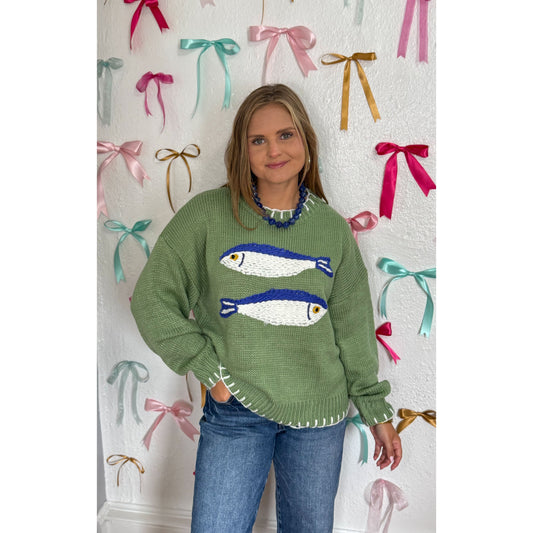 Fish Sweater, Green/Blue