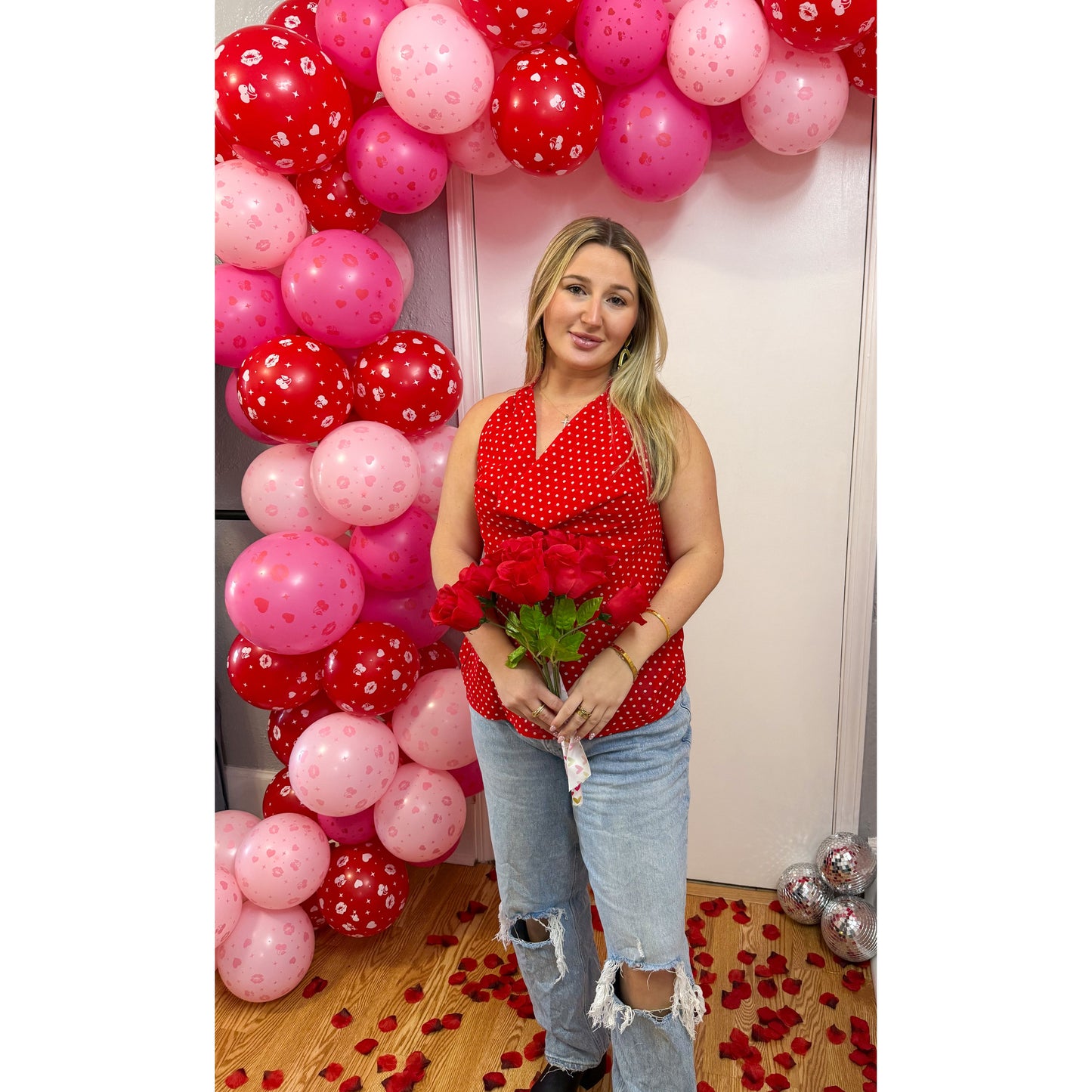 Polka Dot Detail Top, Cherry Red/White