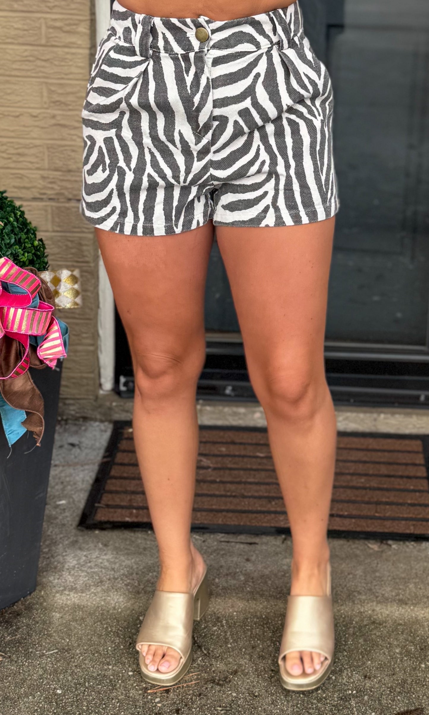 Murphy Zebra Pleated Shorts, Black/White