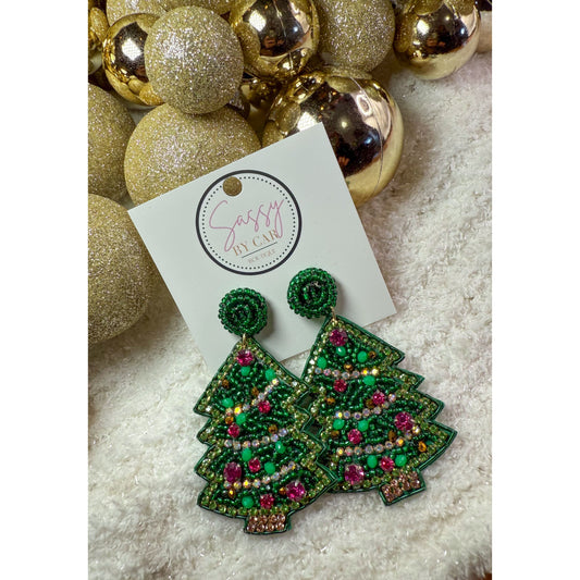 Green Beaded Christmas Tree Earrings