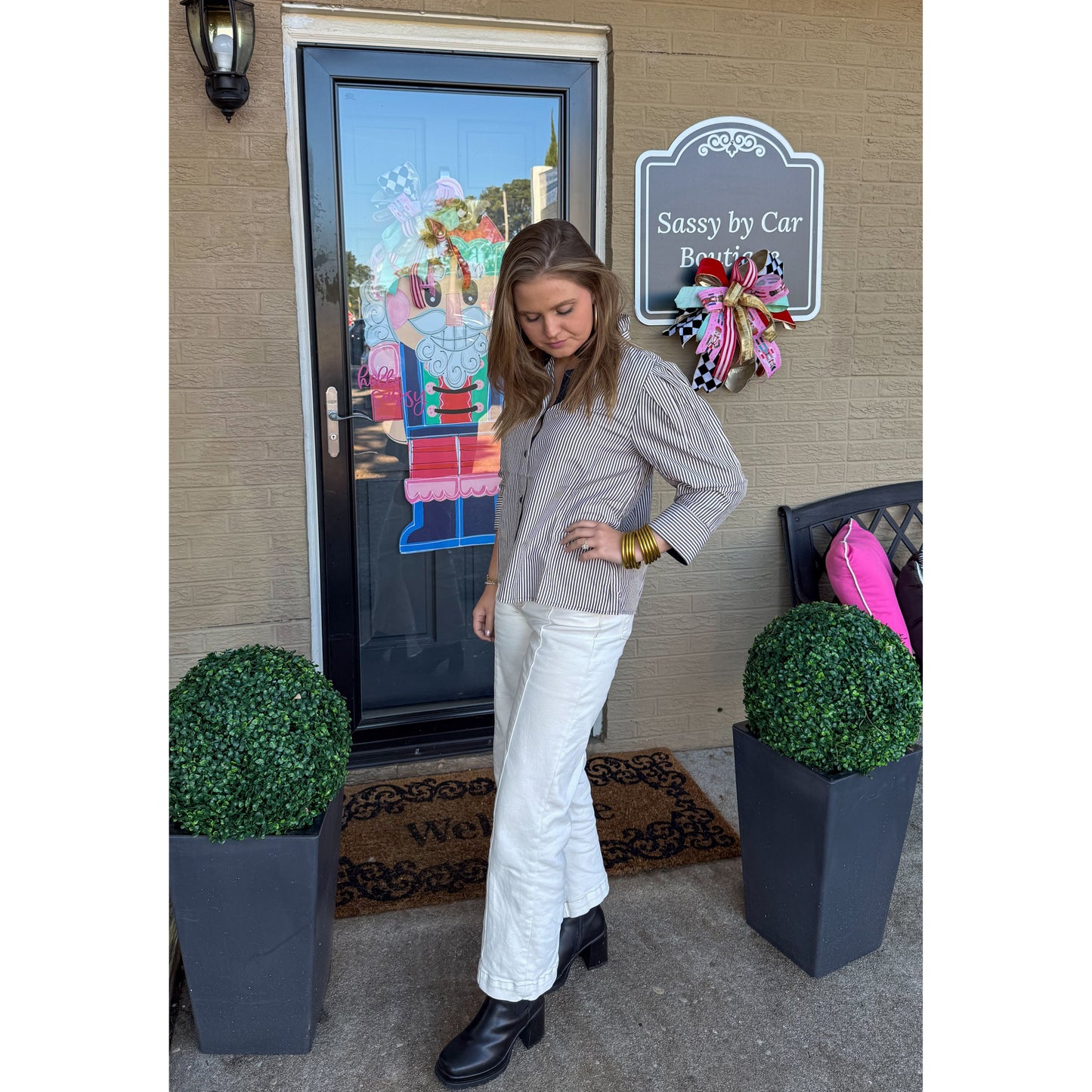 Tatum Stripe Blouse, Navy/Cream