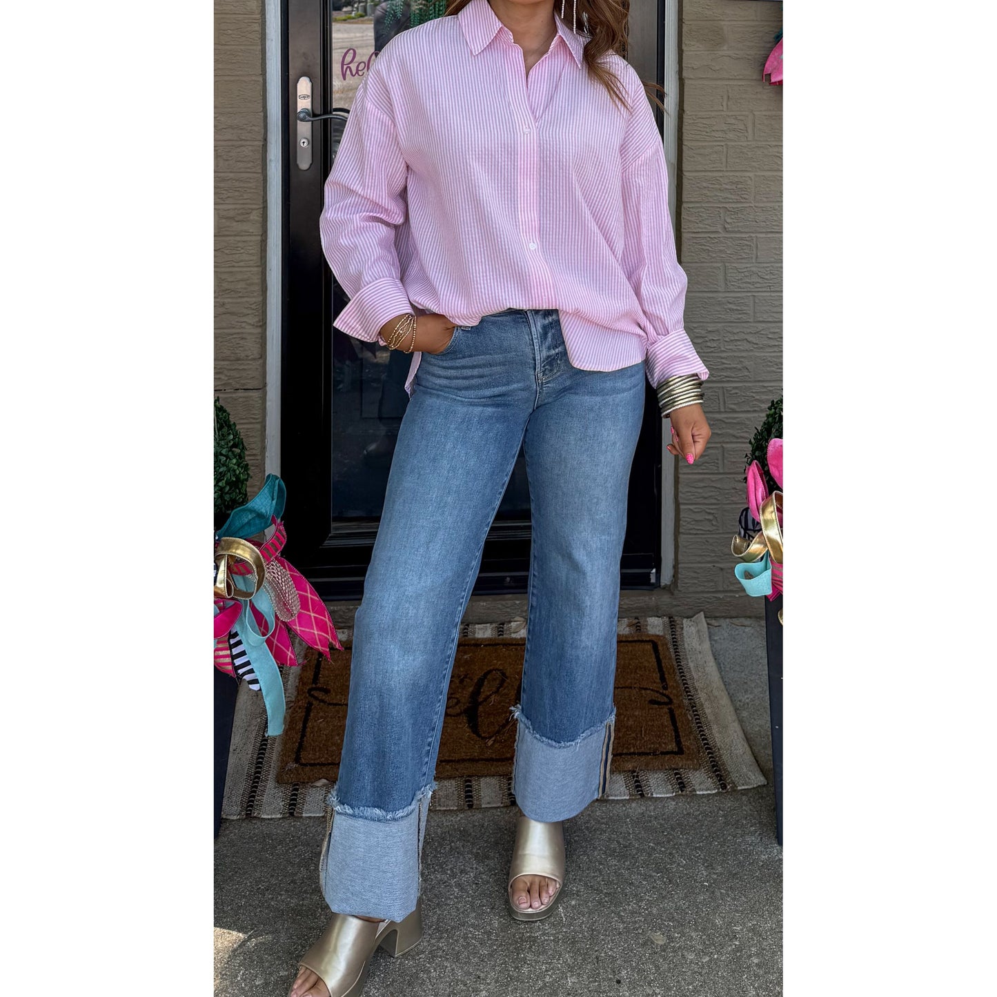 Stripe Button Down Top, Pink/White