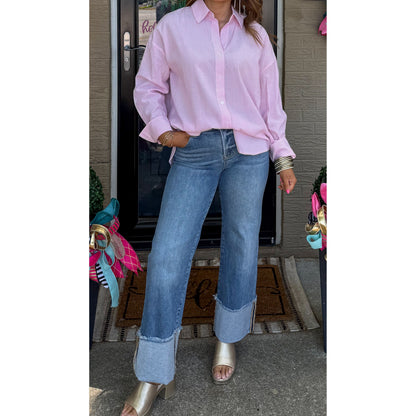 Stripe Button Down Top, Pink/White