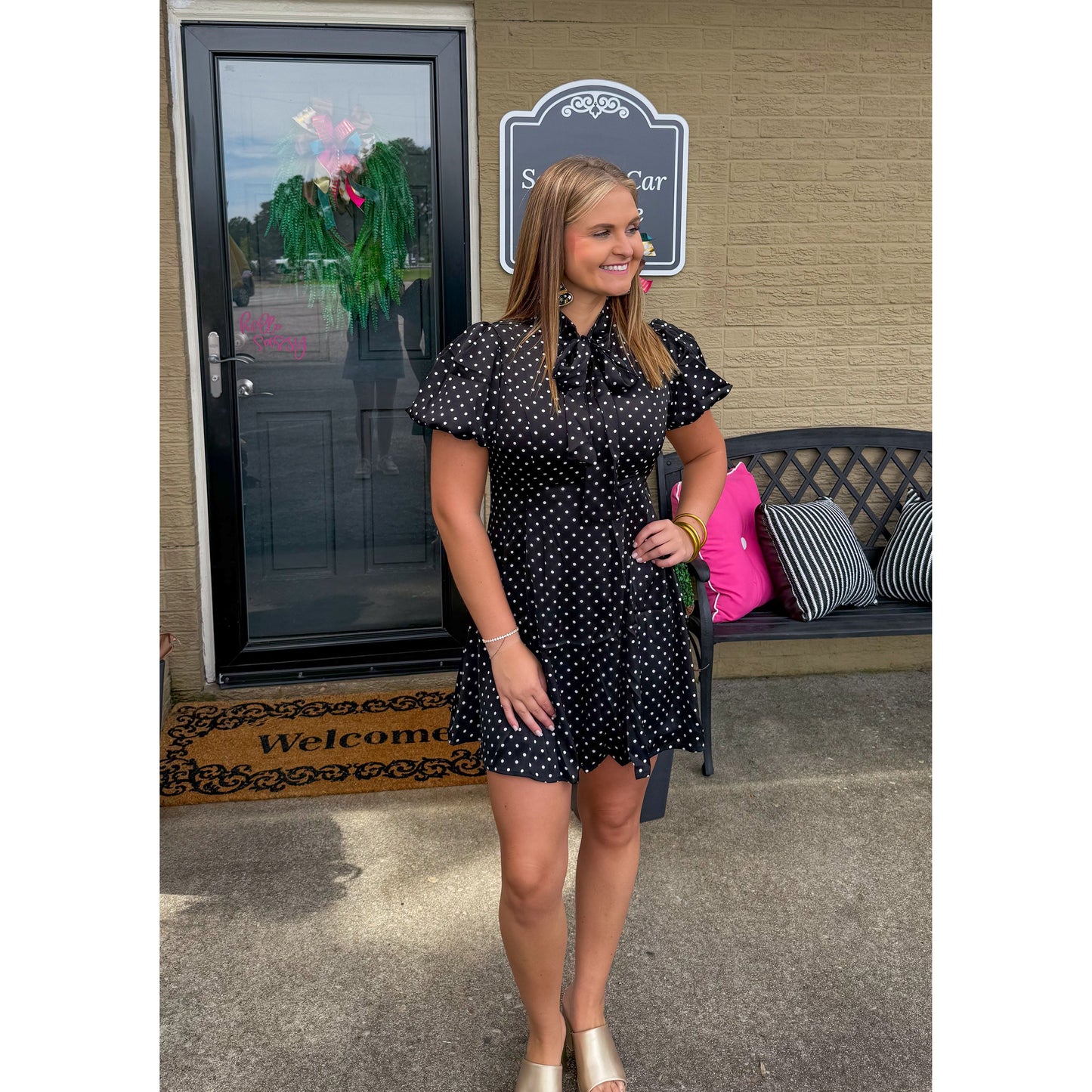 Polka Dot Mini Dress, Black/White