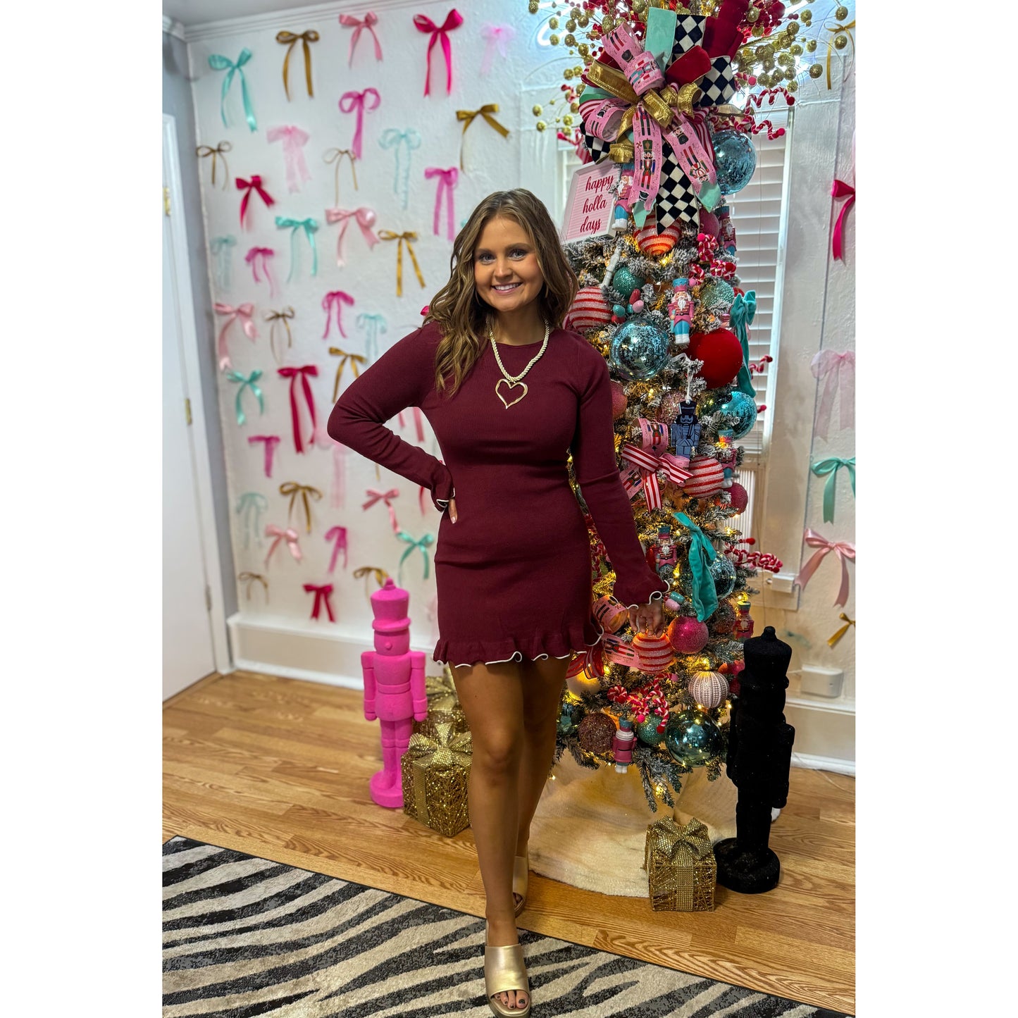 Shelby Knit Mini Dress, Burgundy/Ivory