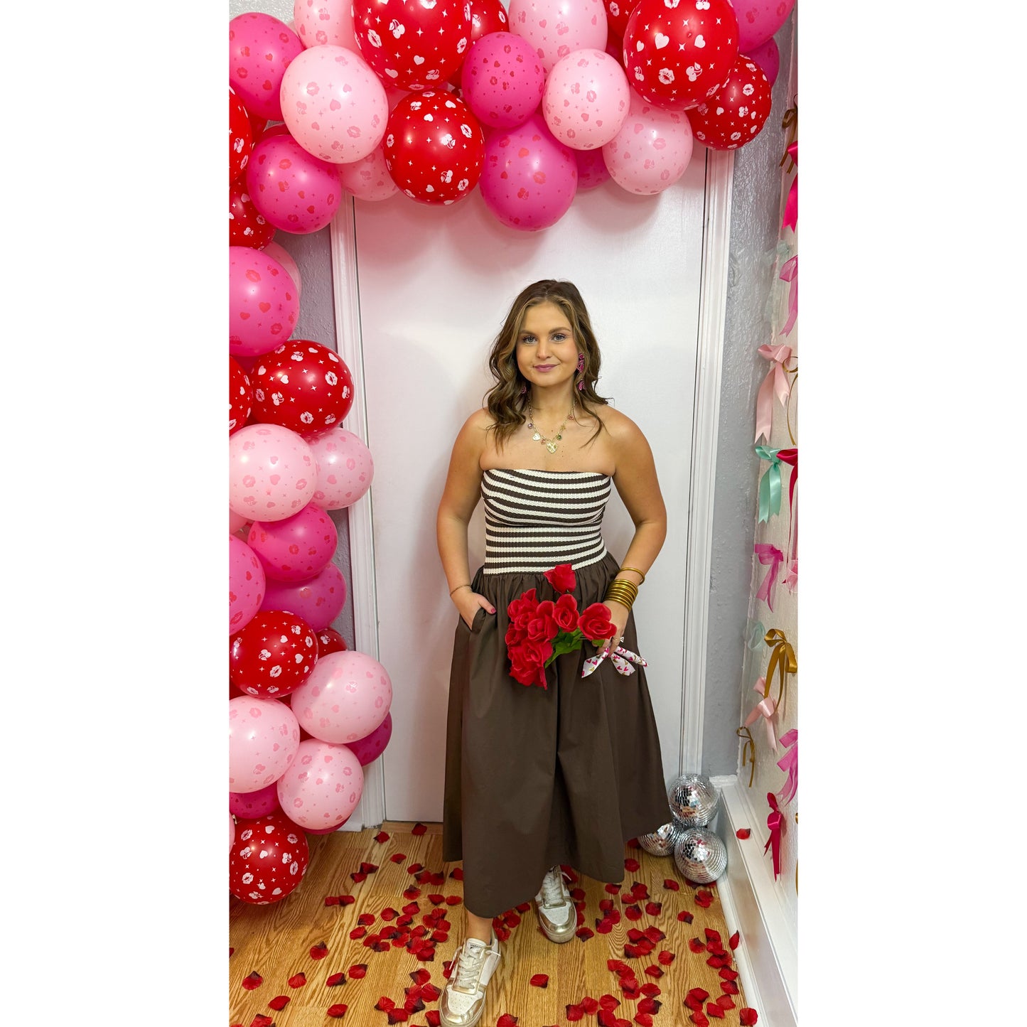 Stripe Detail Midi Dress, Chocolate/Ivory