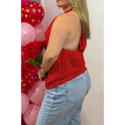 Polka Dot Detail Top, Cherry Red/White