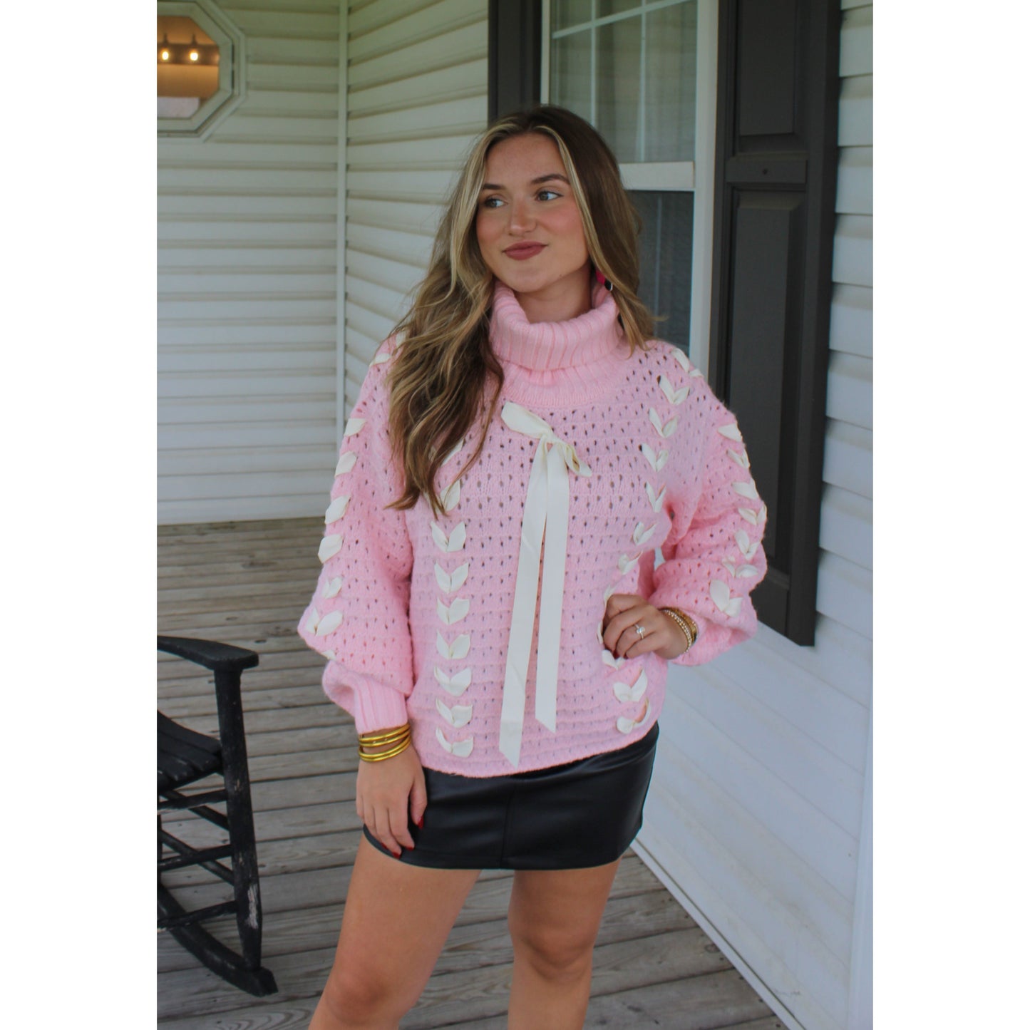 Sarah Bow Sweater, Pink/White