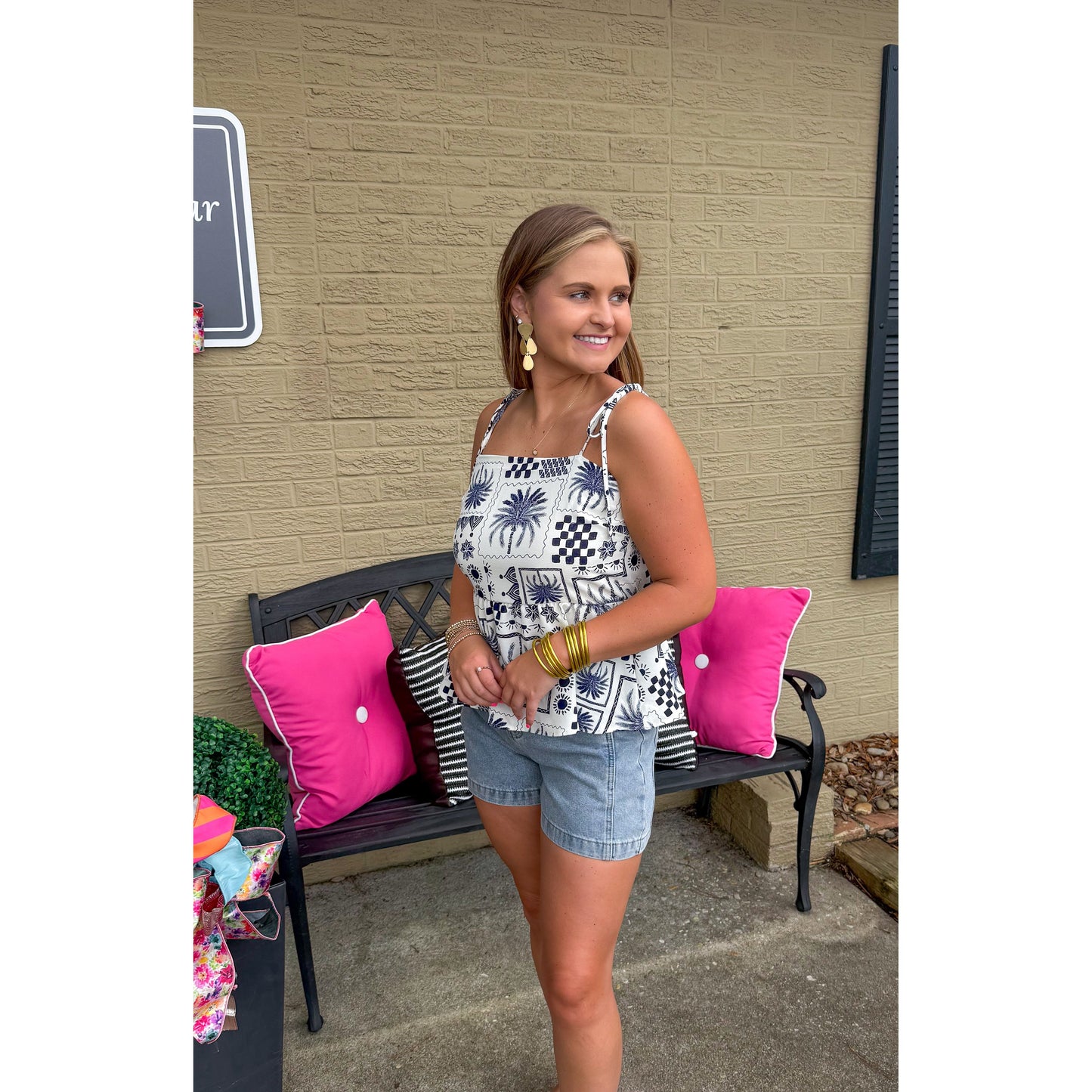 Abstract Print Top, Ivory/Navy