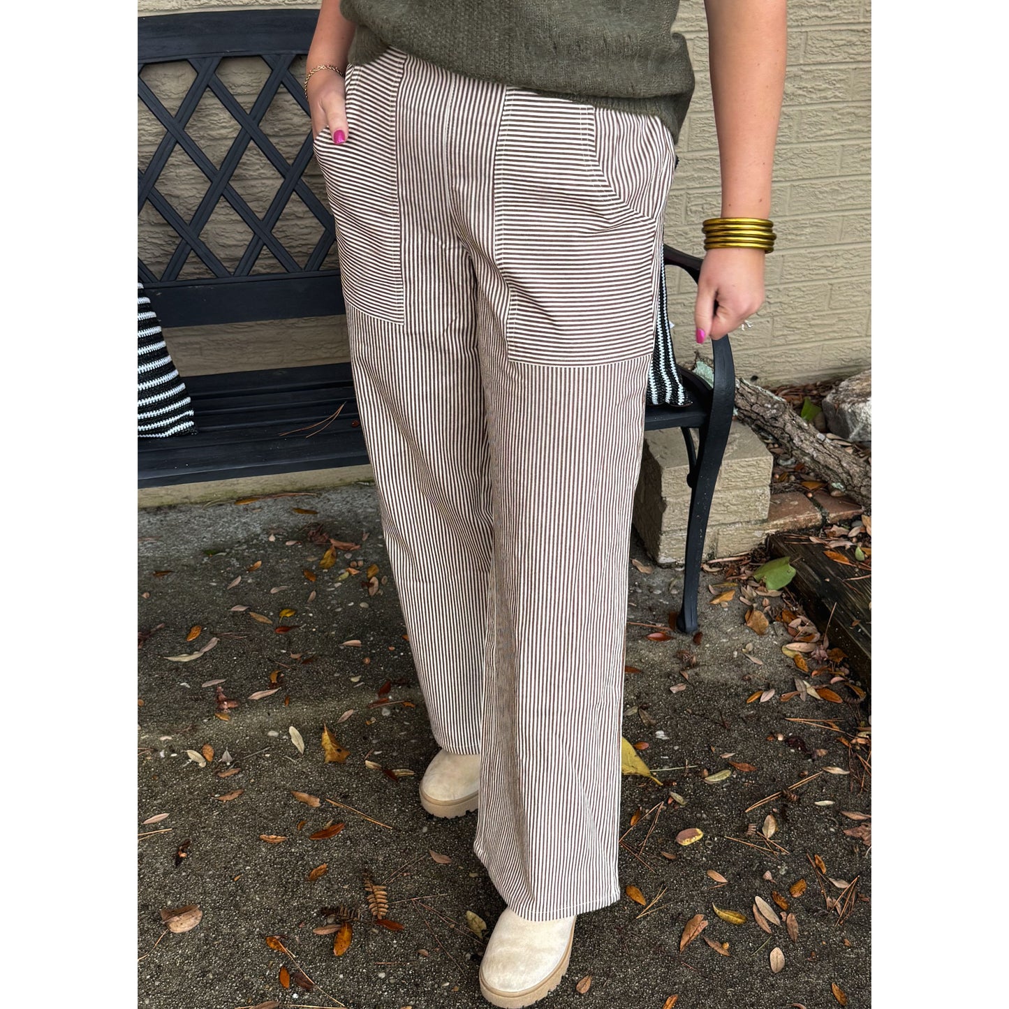 Ariana Stripe Pants, Cream/Taupe