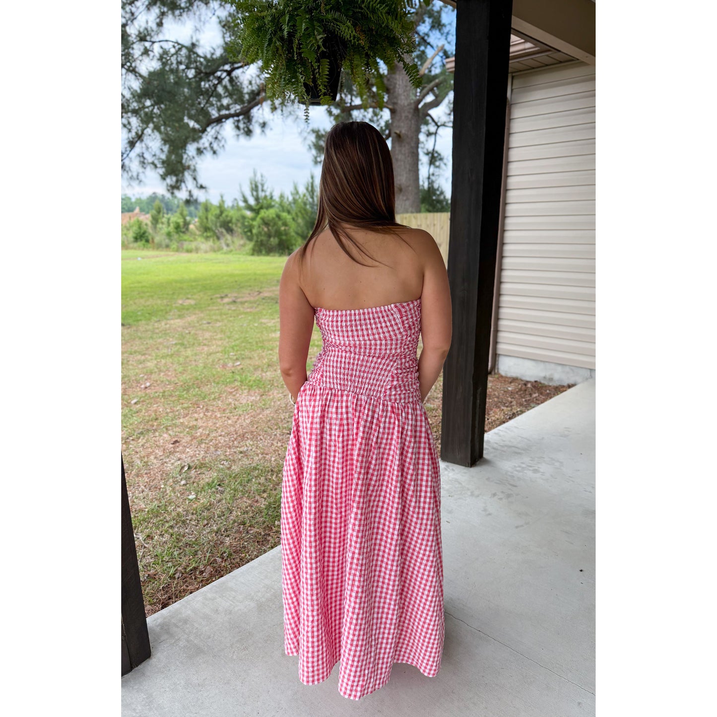 Strapless Gingham Maxi Dress, Red/White
