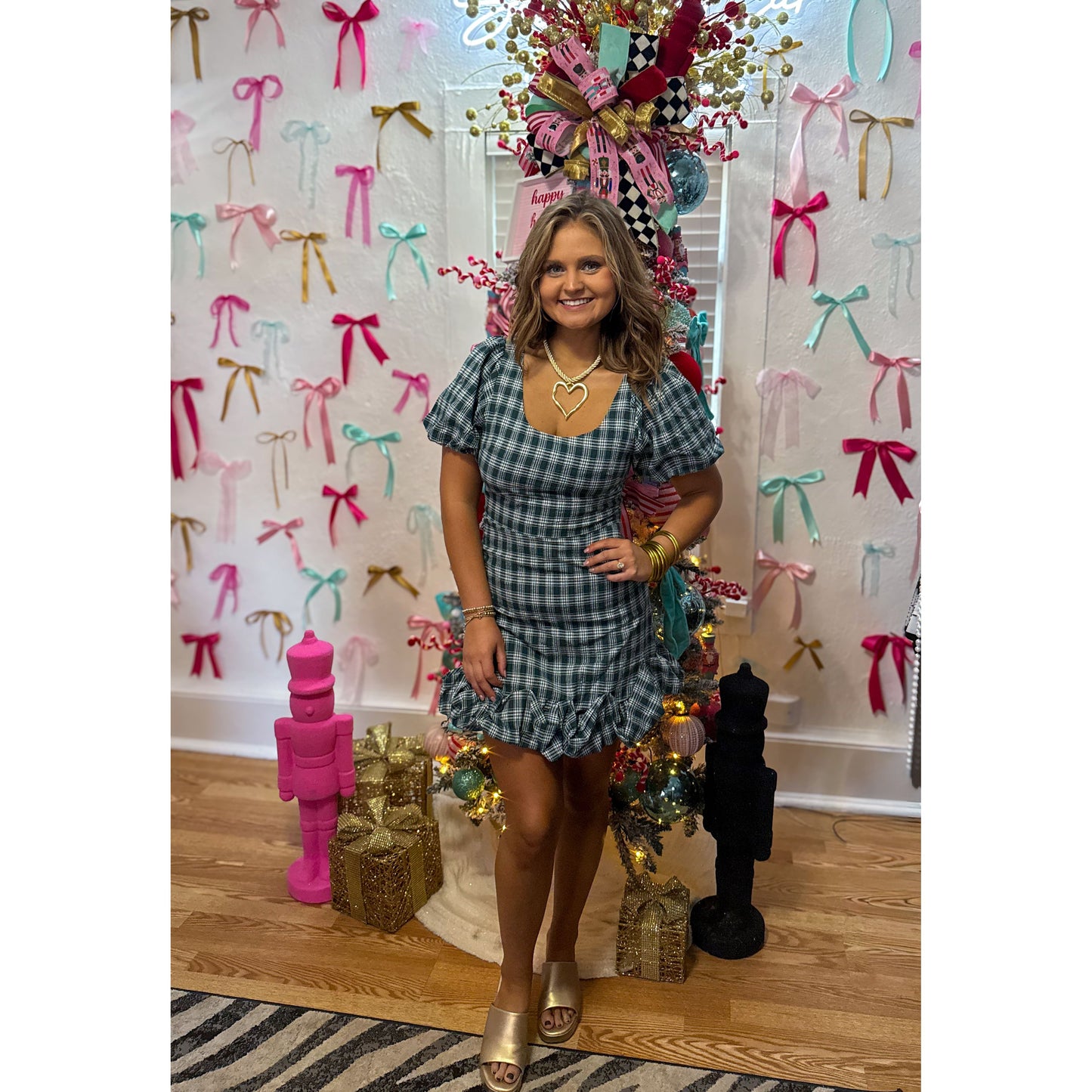 Green/White Plaid Mini Dress