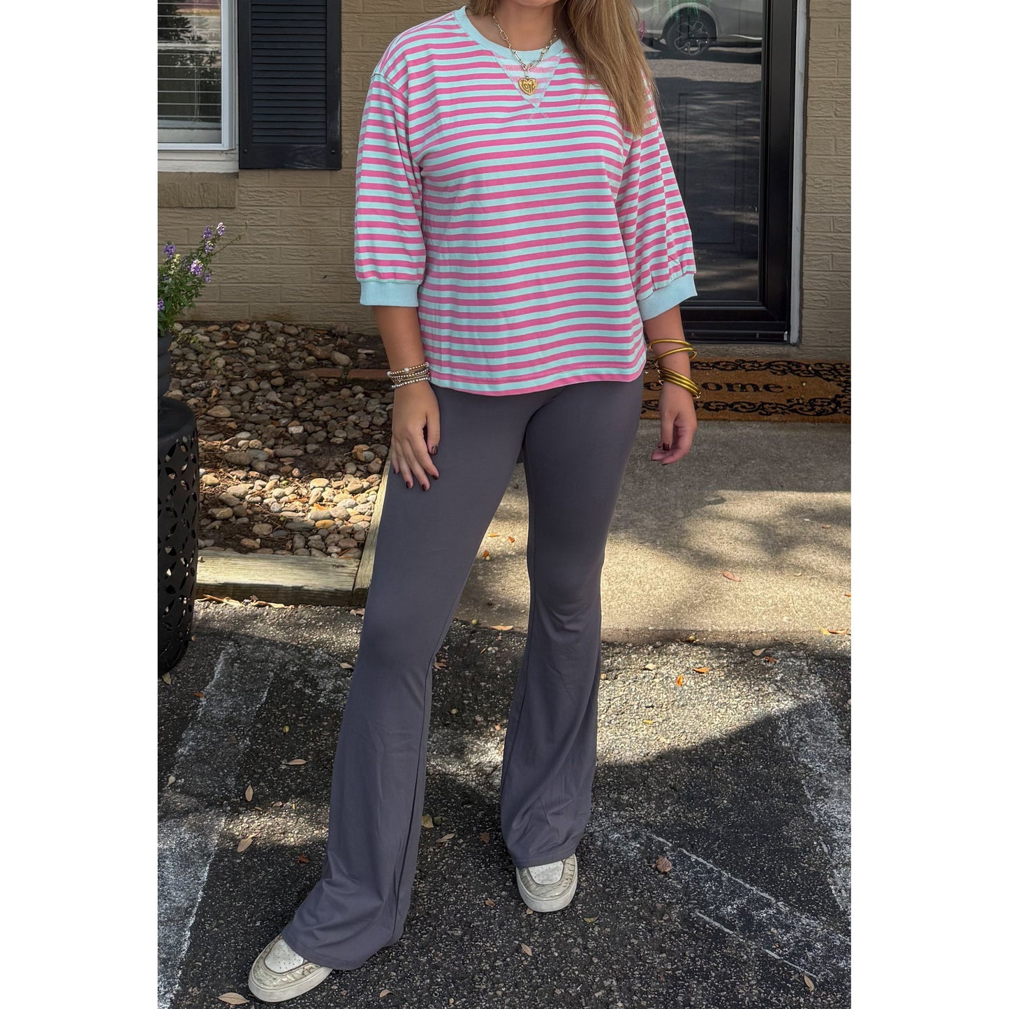 Teagan Stripe Pullover, Aqua/Pink