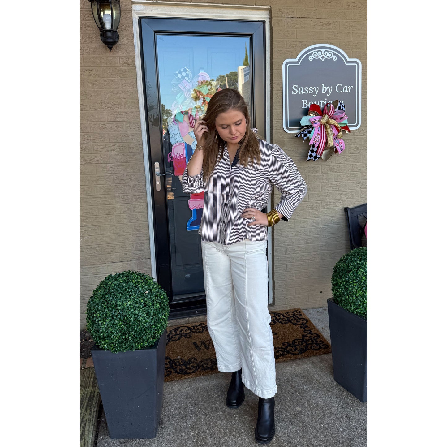 Tatum Stripe Blouse, Navy/Cream