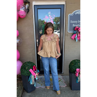 3D Flower Square Neck Top, Mocha