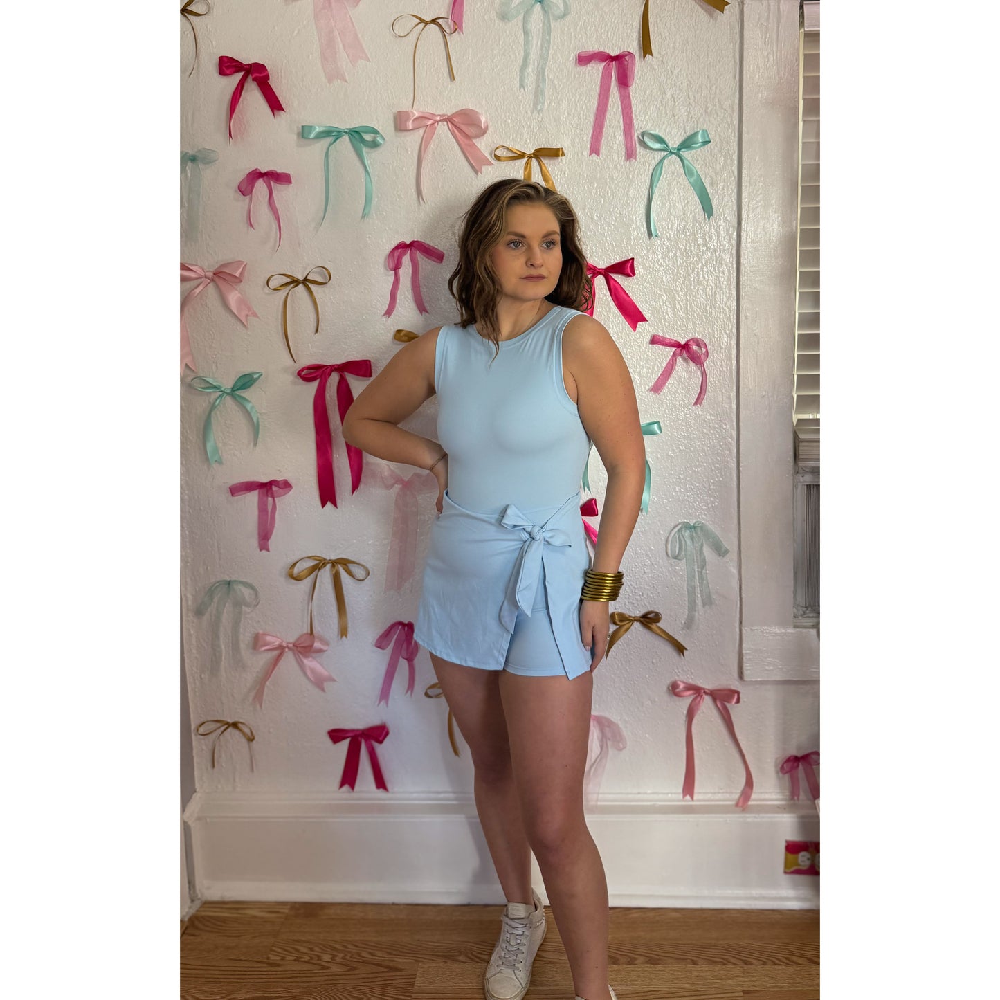 Sarah Athleisure Tie Romper, Baby Blue