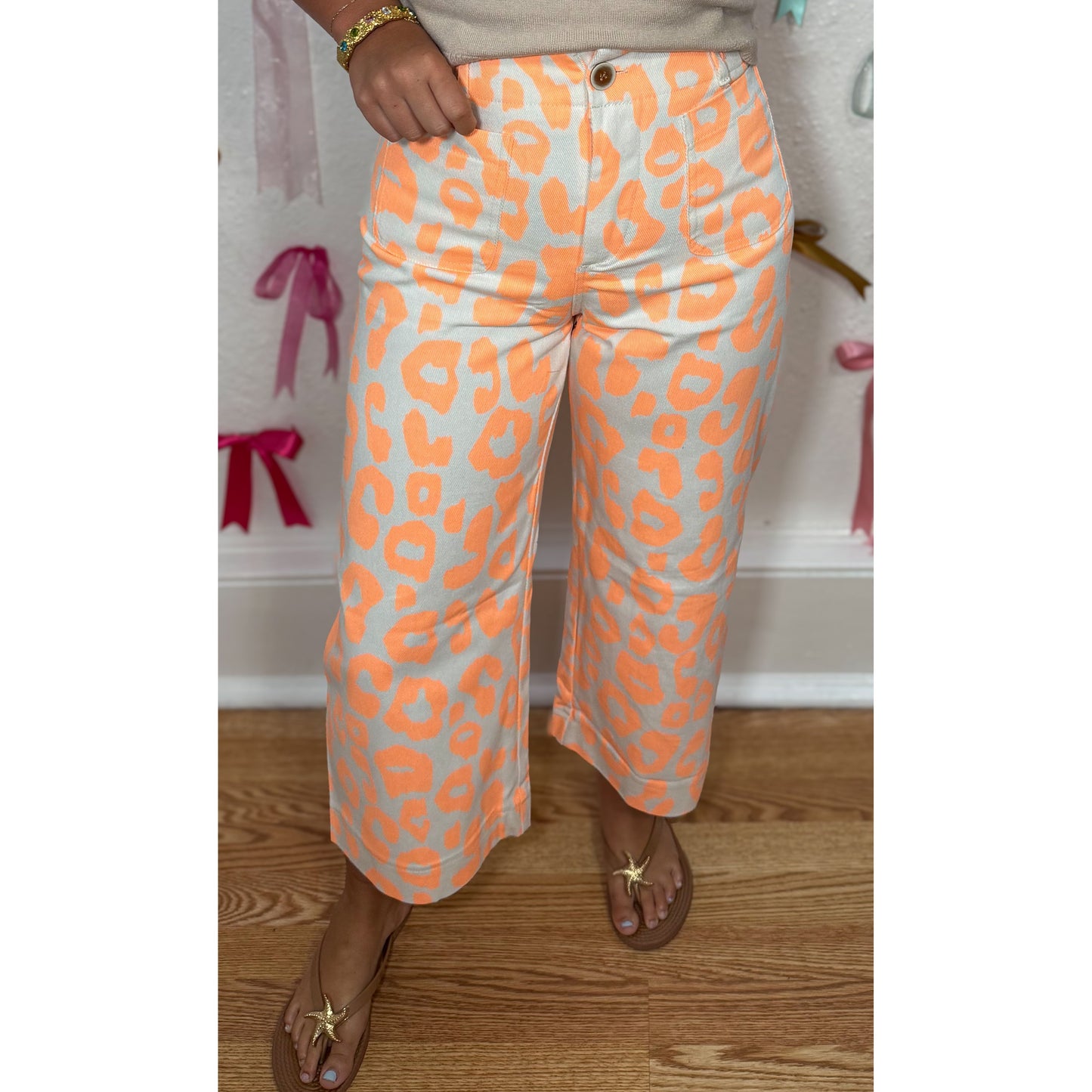Neon Orange Leopard Wide Leg Pants