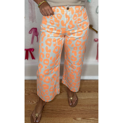 Neon Orange Leopard Wide Leg Pants