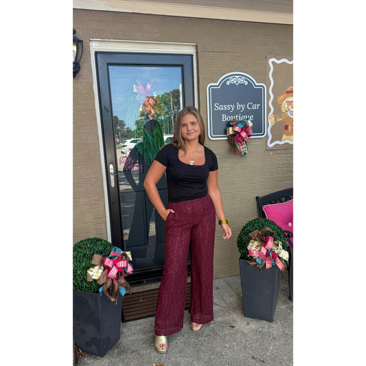 Margot Lace Wide Leg Pants, Burgundy