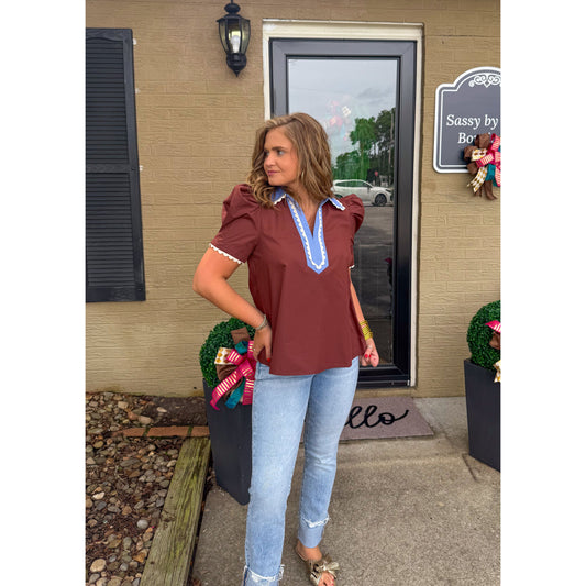 Elena Blouse, Chocolate/Light Blue