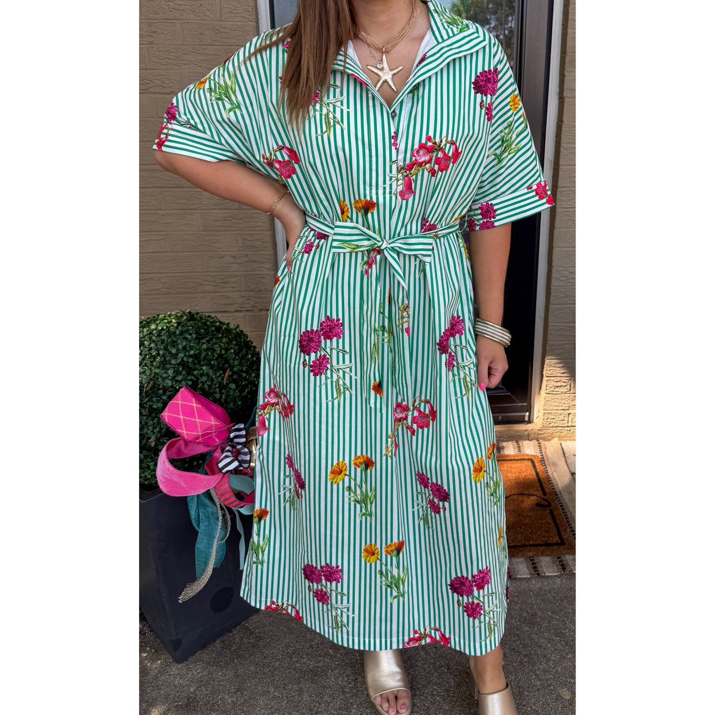 Lilly Detail Midi Dress, Green Multi