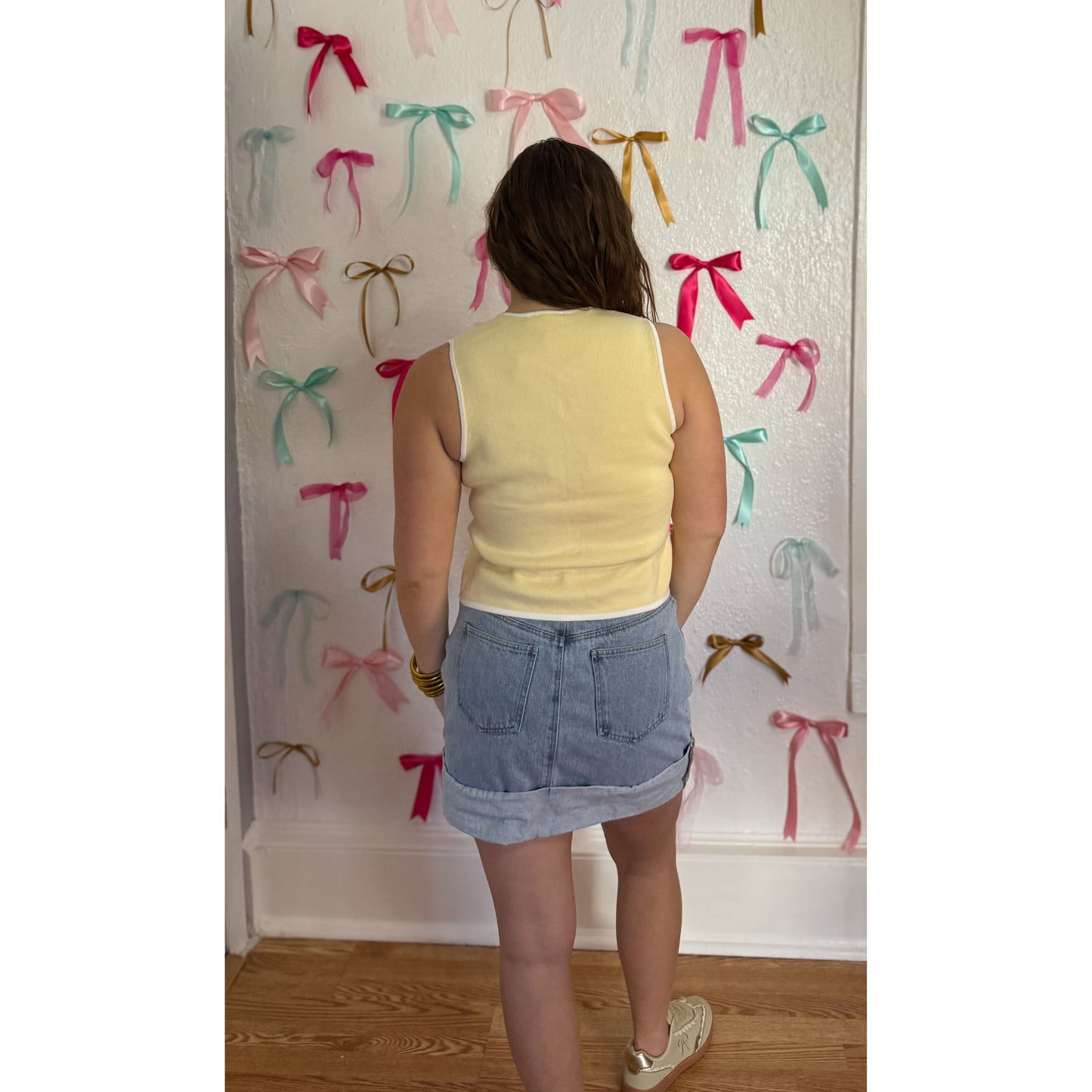 Caroline Button Vest, Butter Yellow/White