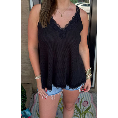 Lace/Ribbed Flowy Tank, Black