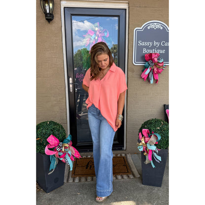 Hannah V-Neck Top, Coral