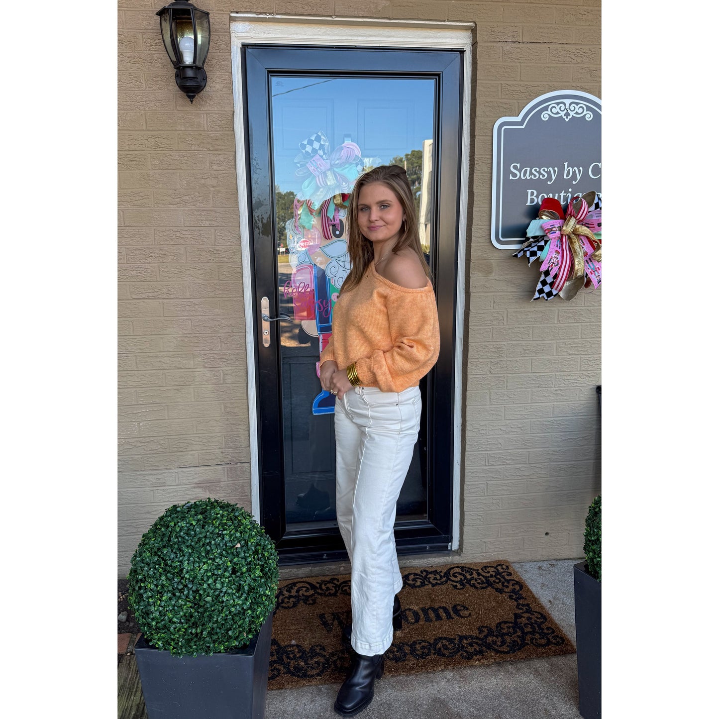 Noelle Asymmetrical Neckline Sweater, Light Orange