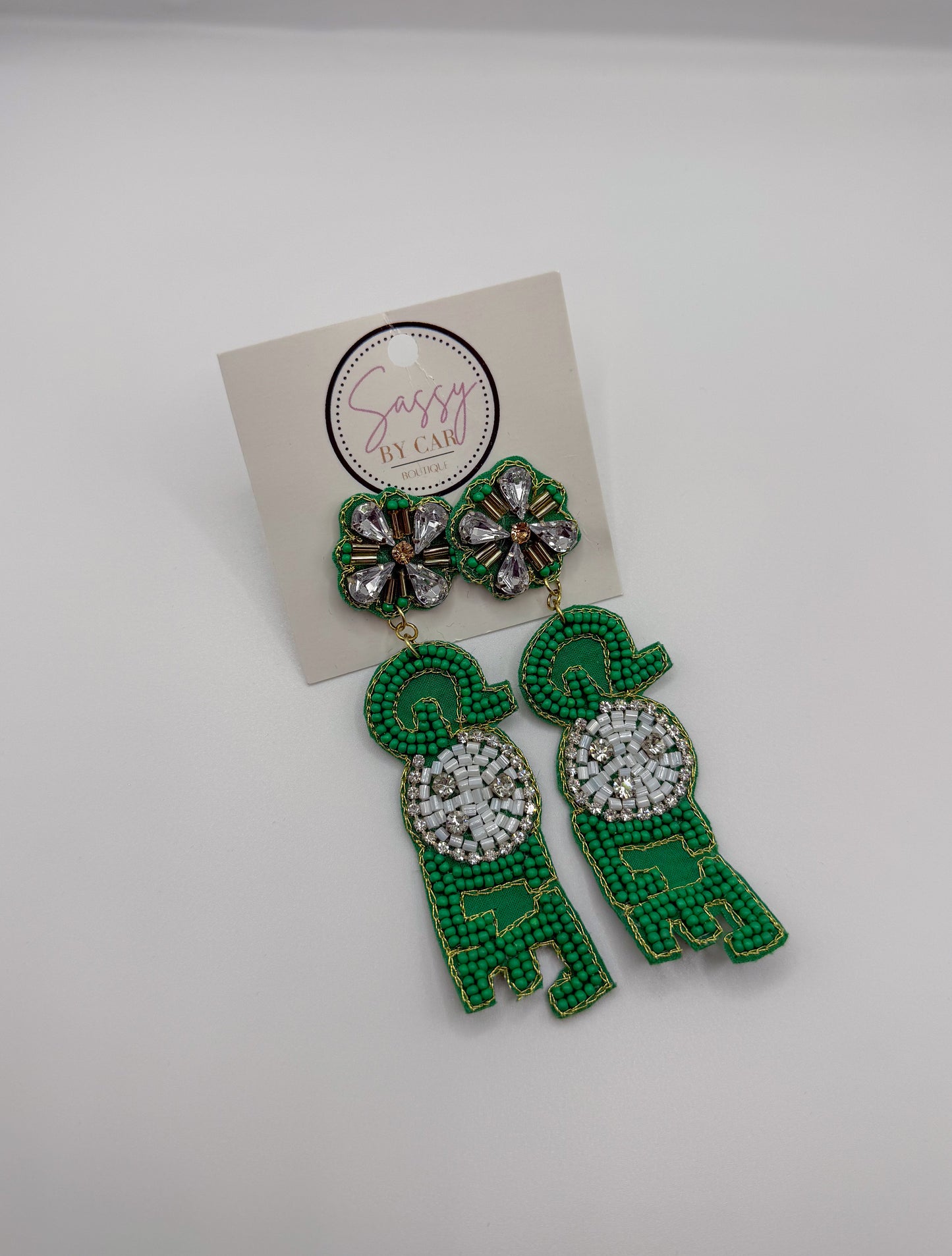 Golf Beaded Earrings, Green/Rhinestone