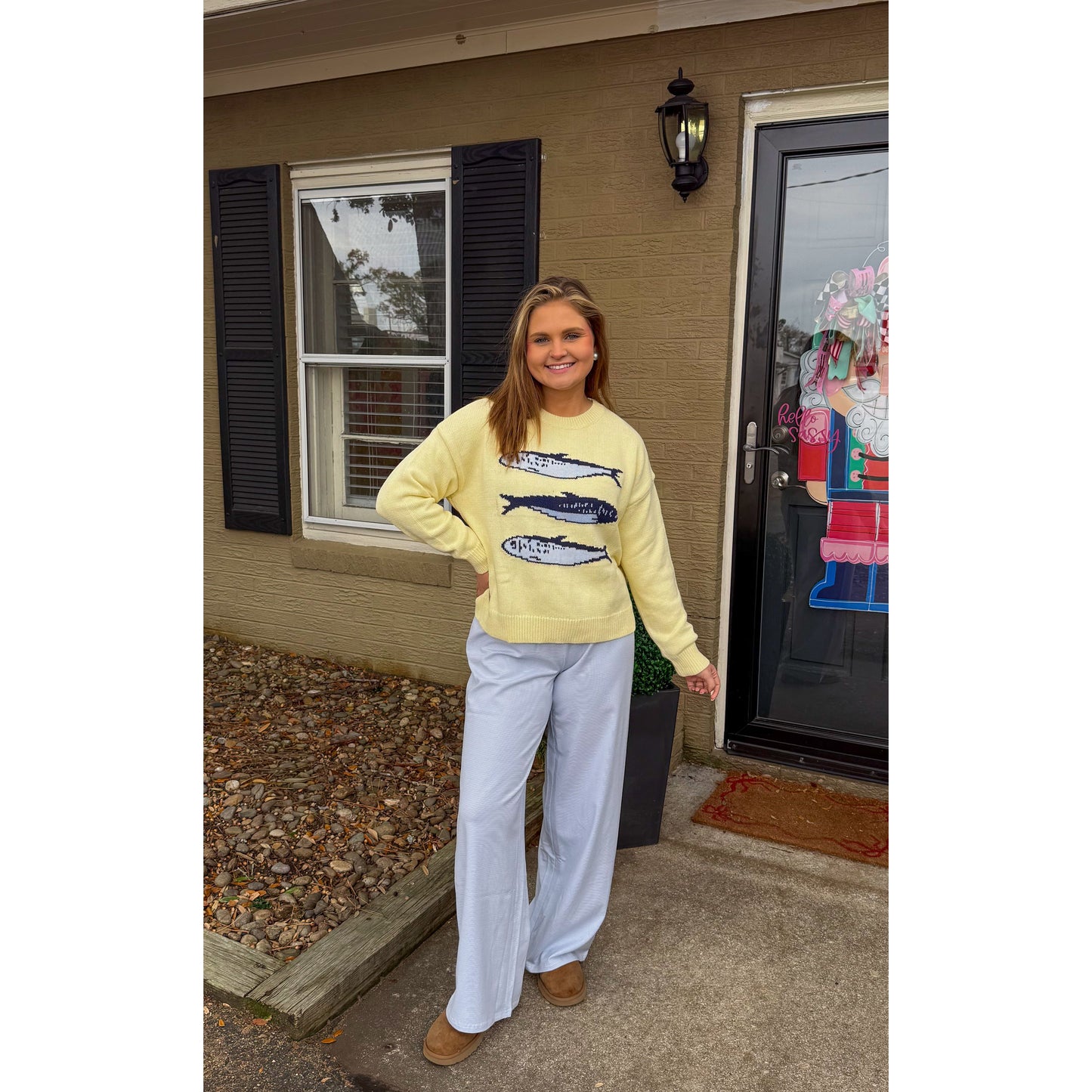 Sardine Graphic Knit Sweater, Butter Yellow