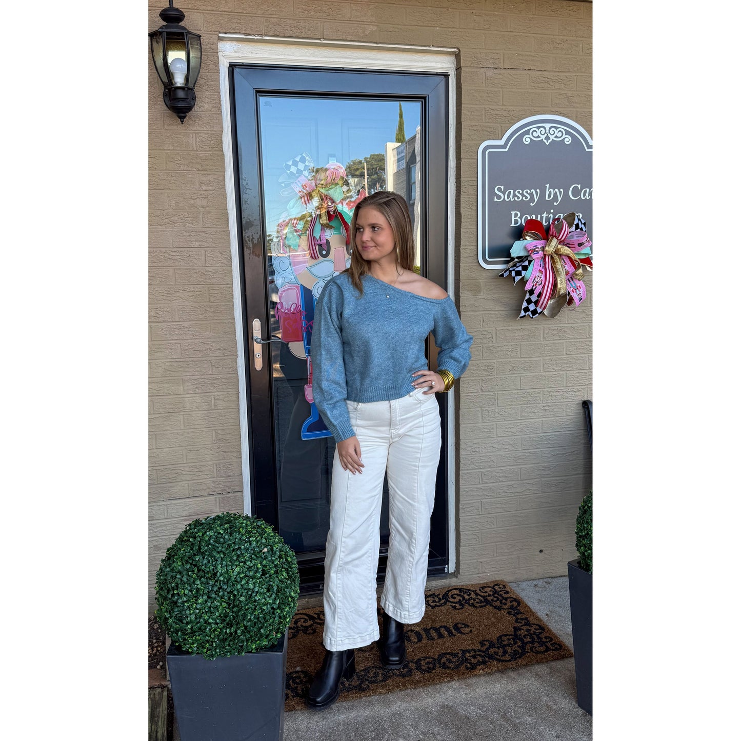 Noelle Asymmetrical Neckline Sweater, Blue