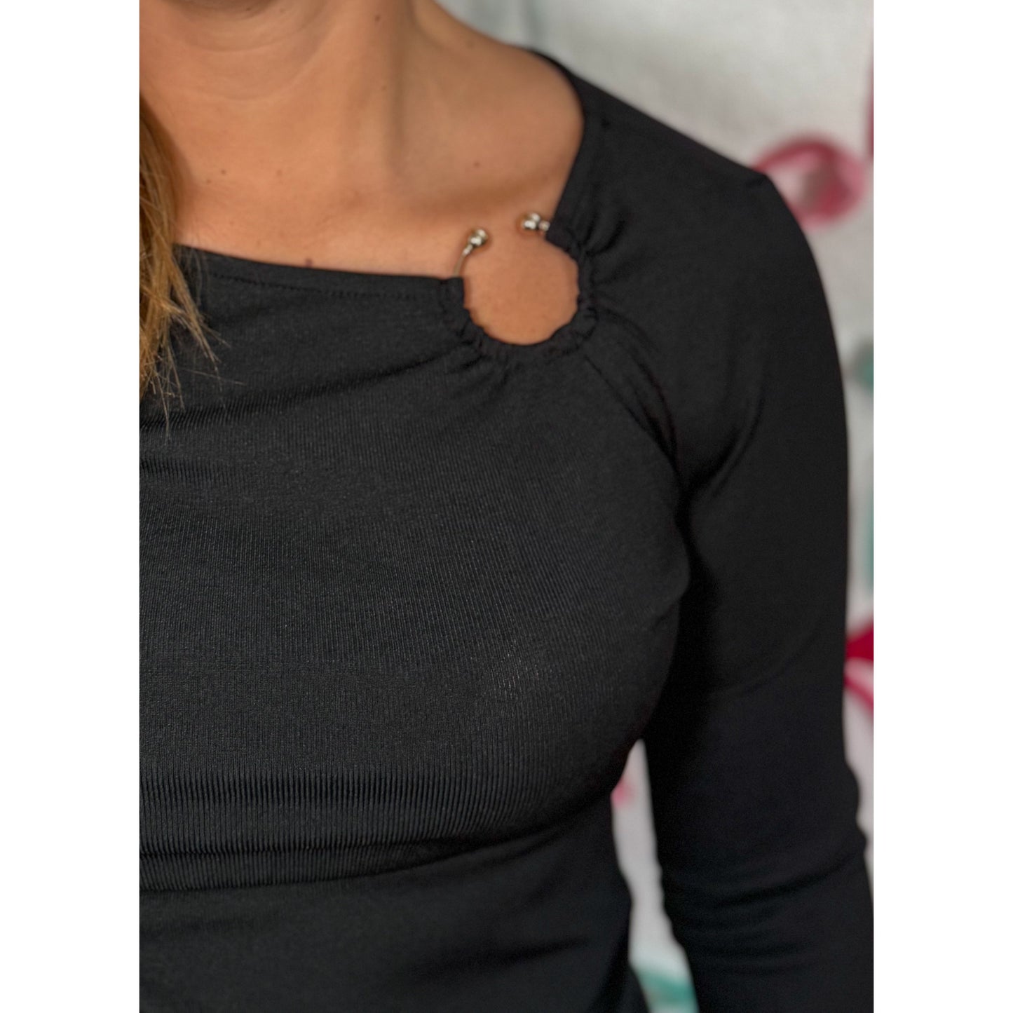 Gold Ring Long Sleeve Top, Black