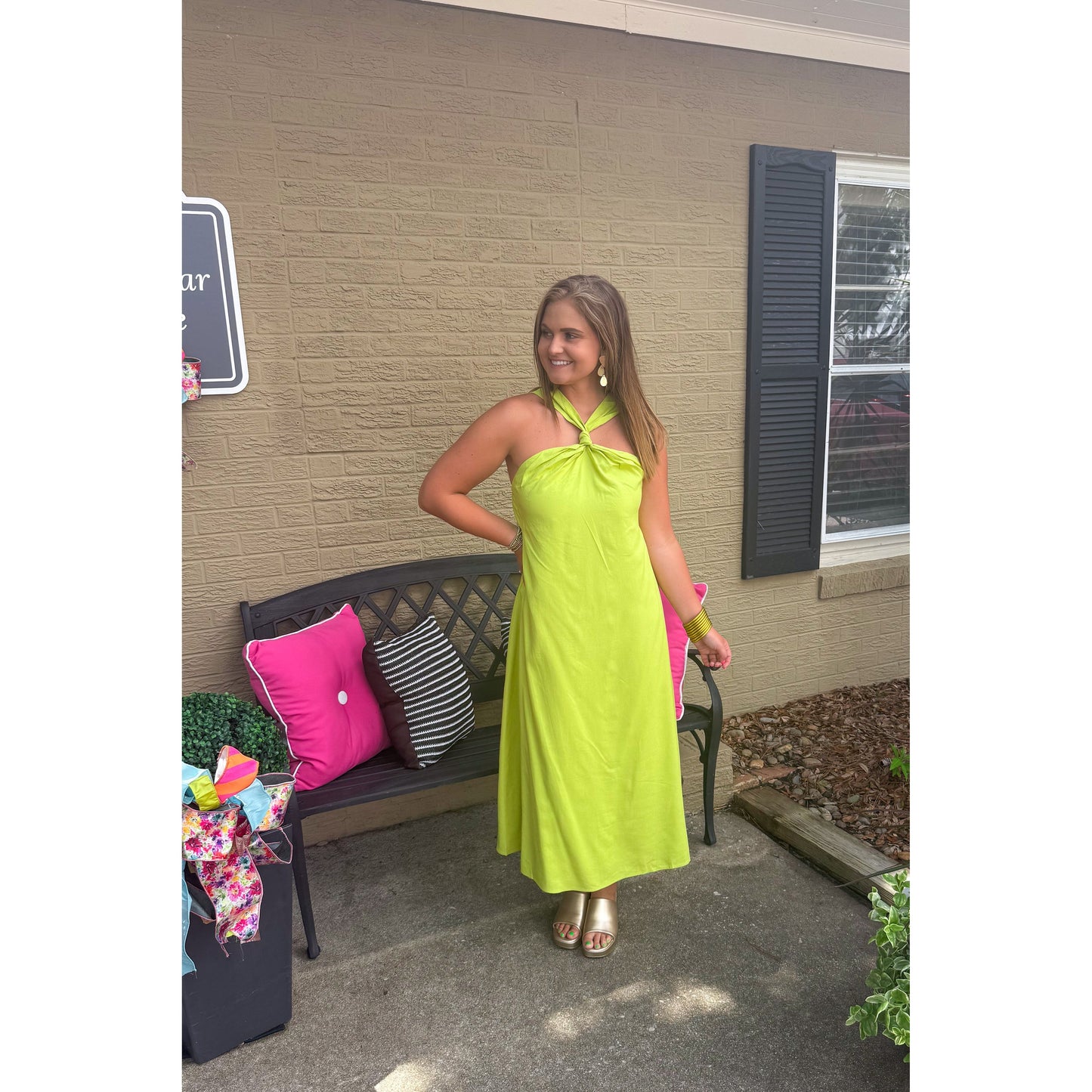 Brynn Halter Midi Dress, Lime Green