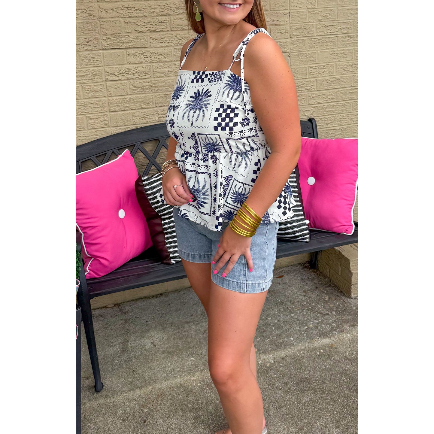 Abstract Print Top, Ivory/Navy
