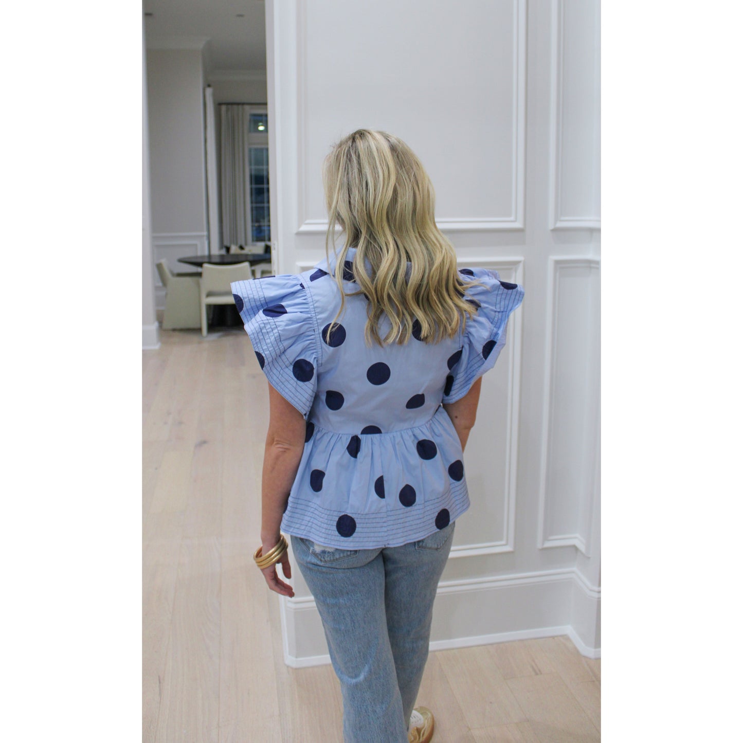 Polka Dot Ruffle Blouse, Navy Multi