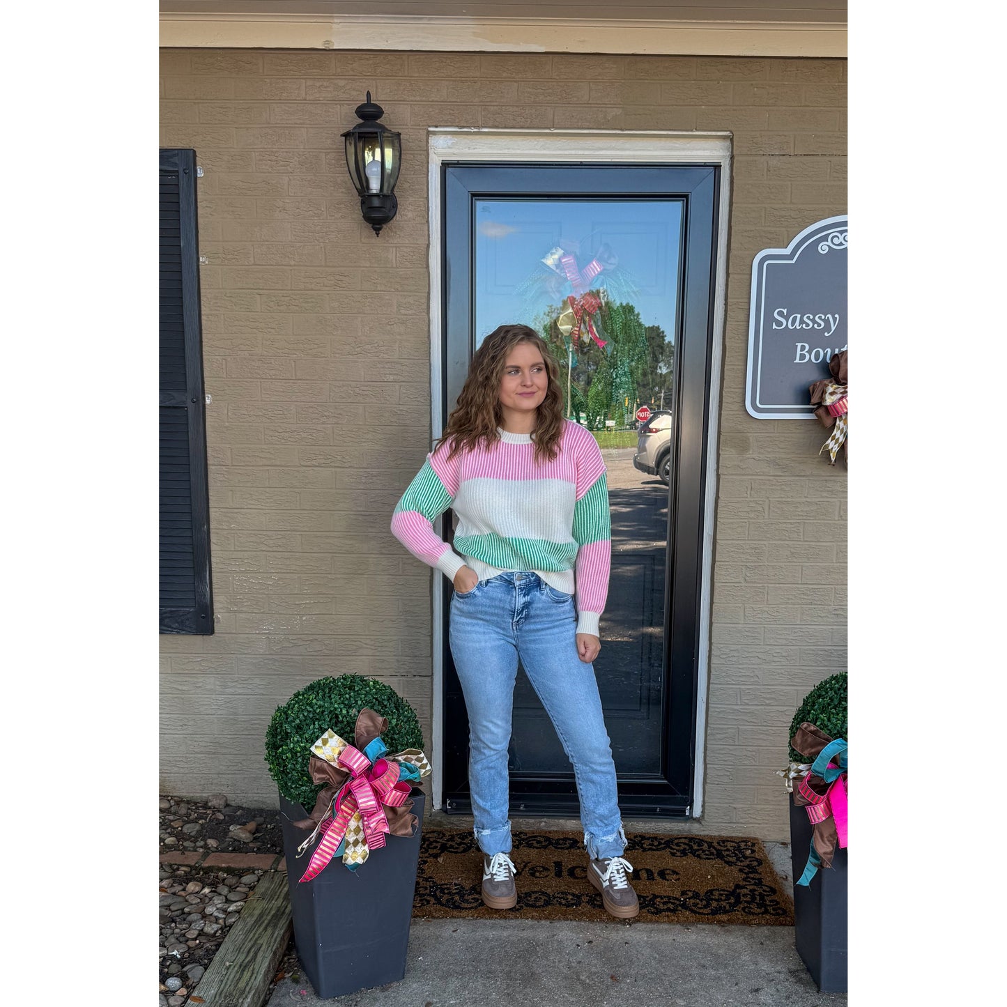 Aubrey Stripe Sweater, Pink/Green