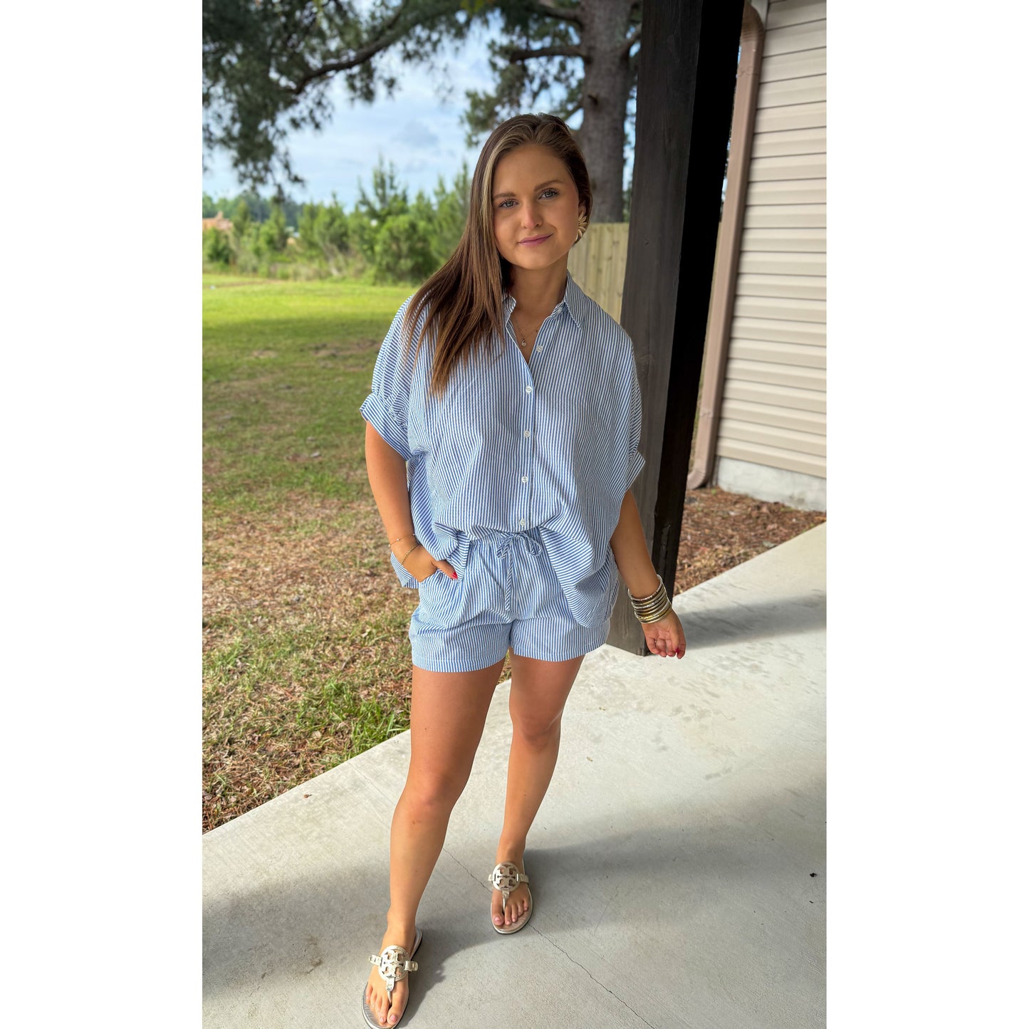 Seersucker Stripe Short Set, Blue/White