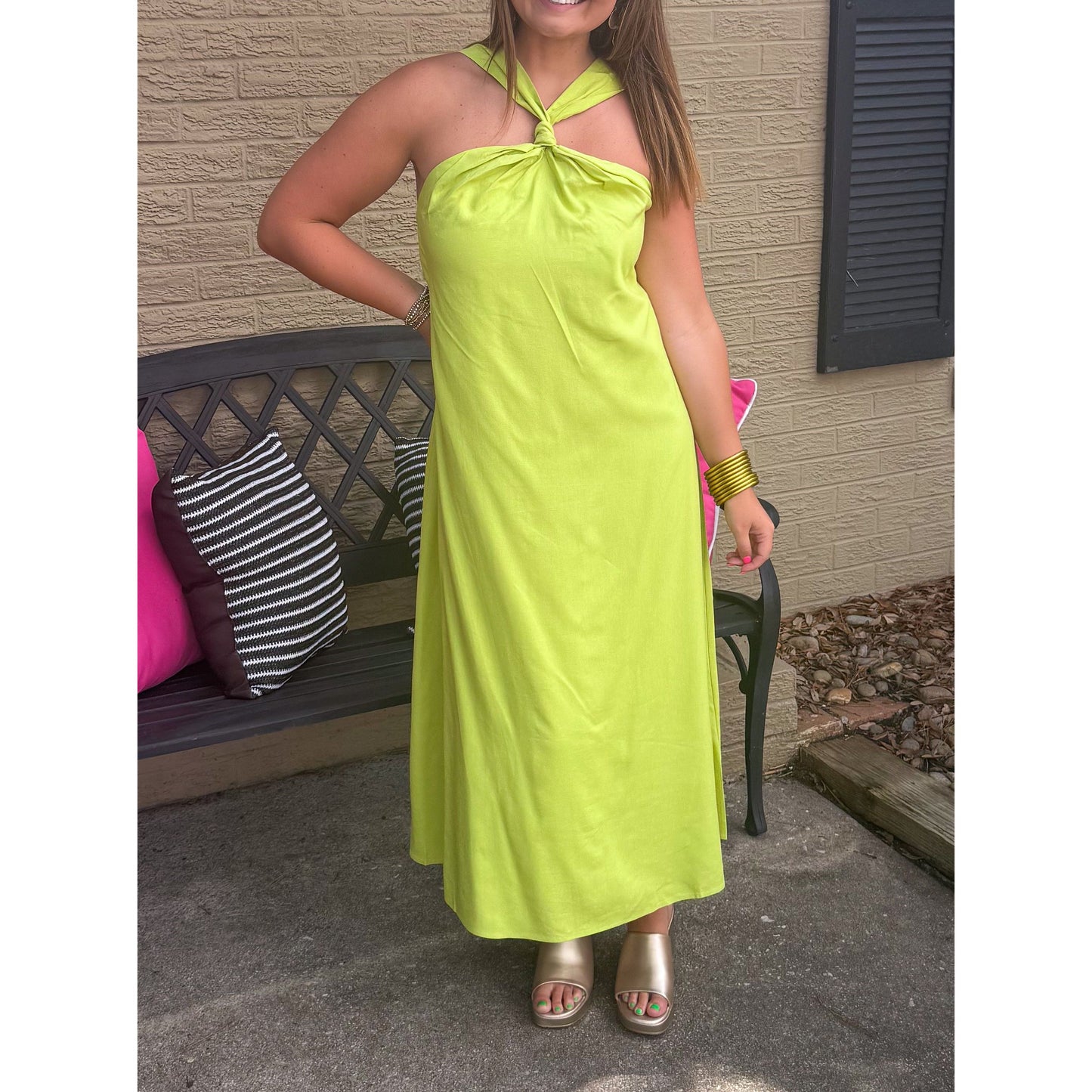 Brynn Halter Midi Dress, Lime Green