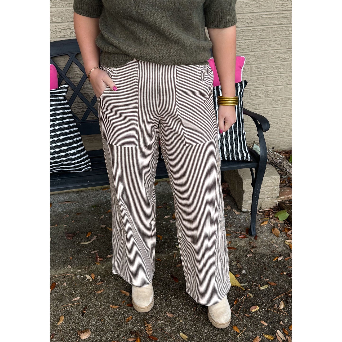 Ariana Stripe Pants, Cream/Taupe