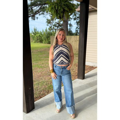Crochet Crop Top, Navy/Ivory