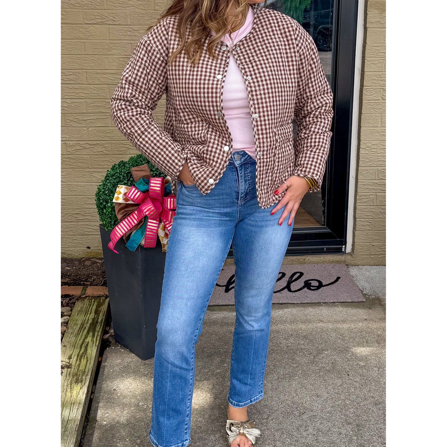 Livie Gingham Jacket, Espresso/Ivory