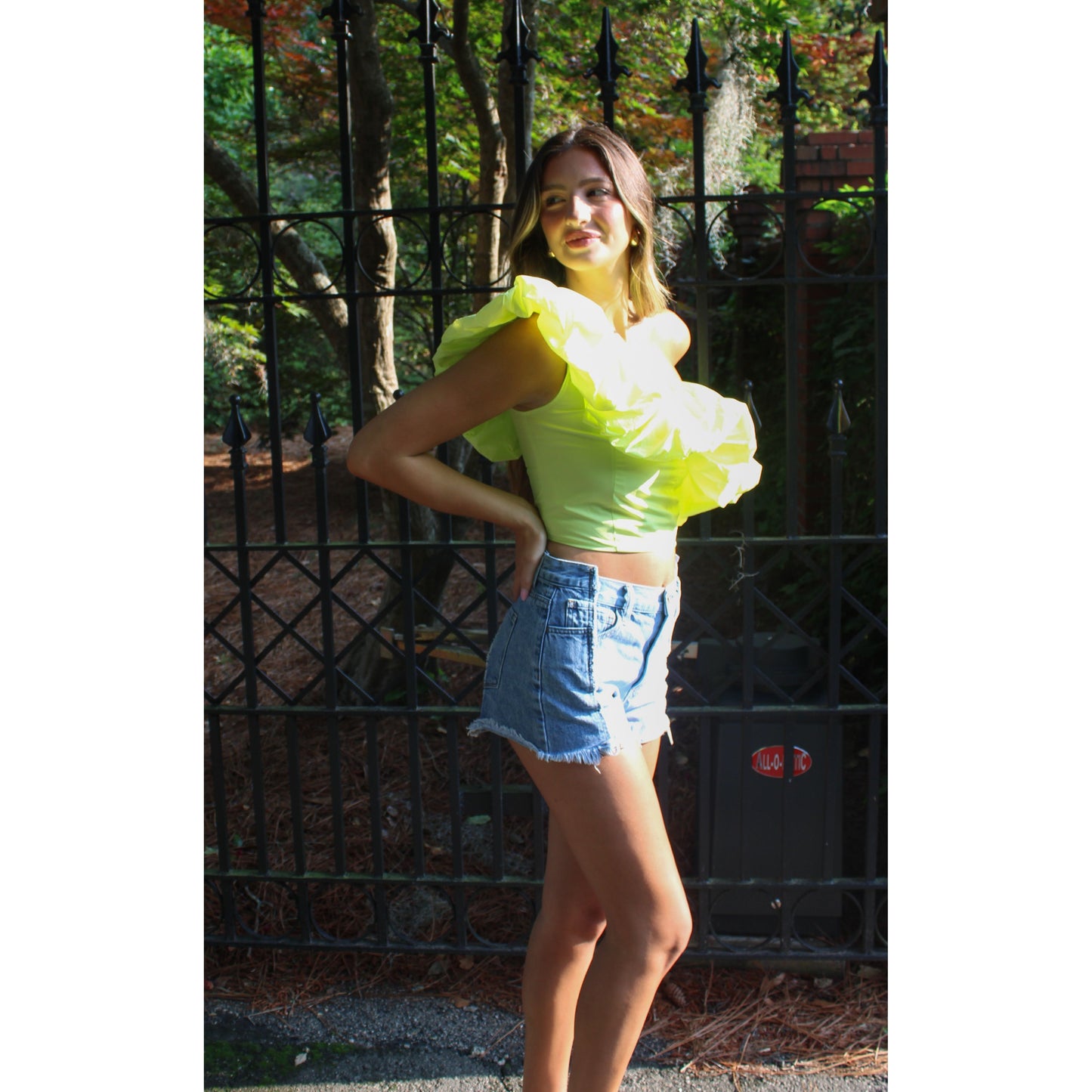 Penny Ruffle Crop Top, Neon Yellow