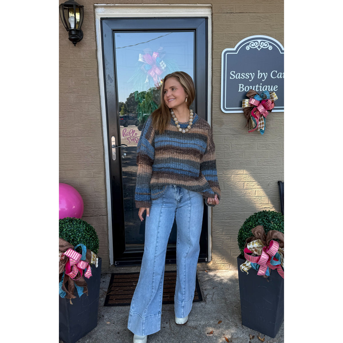 Greer Knit Sweater, Blue/Brown Multi