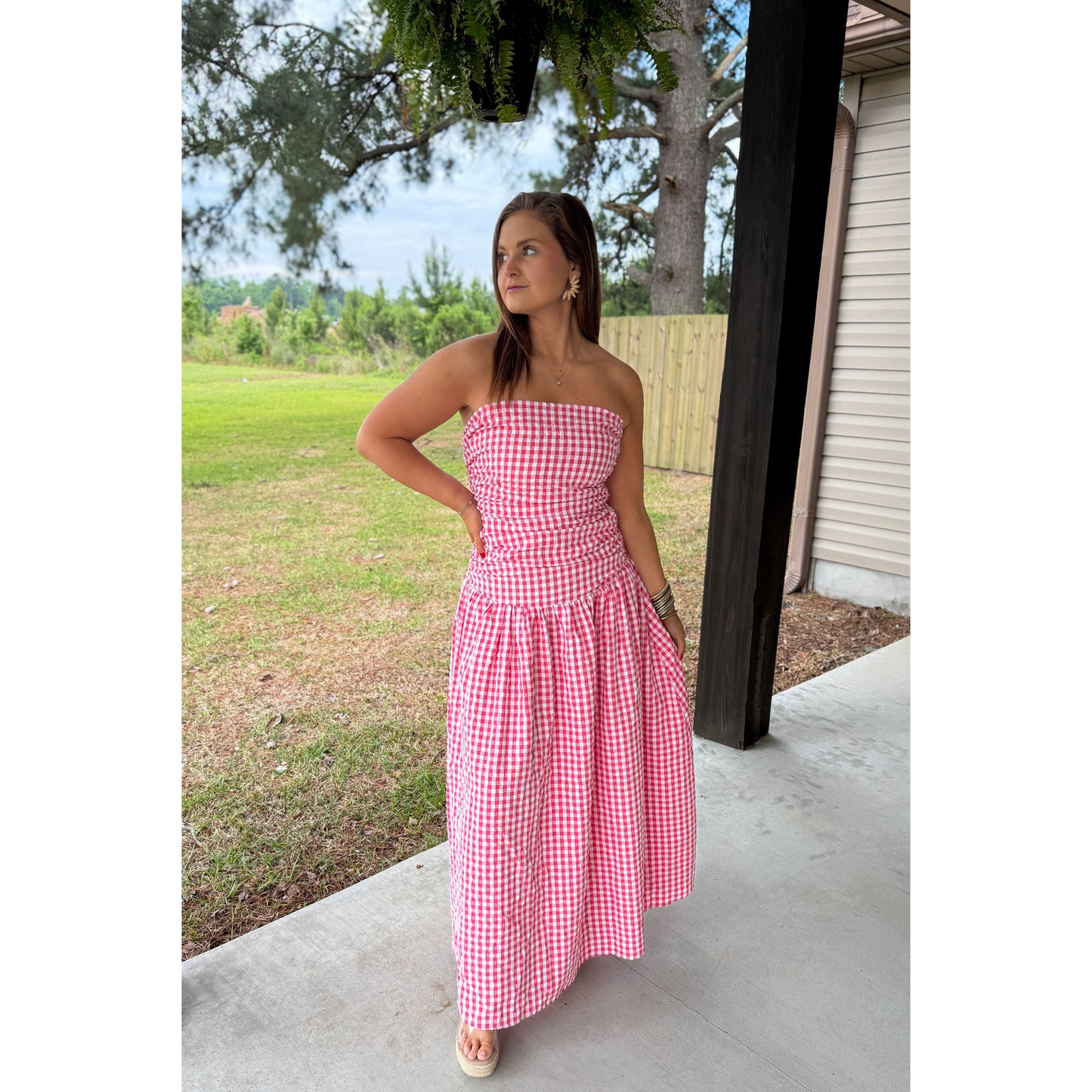 Strapless Gingham Maxi Dress, Red/White