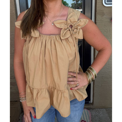 3D Flower Square Neck Top, Mocha