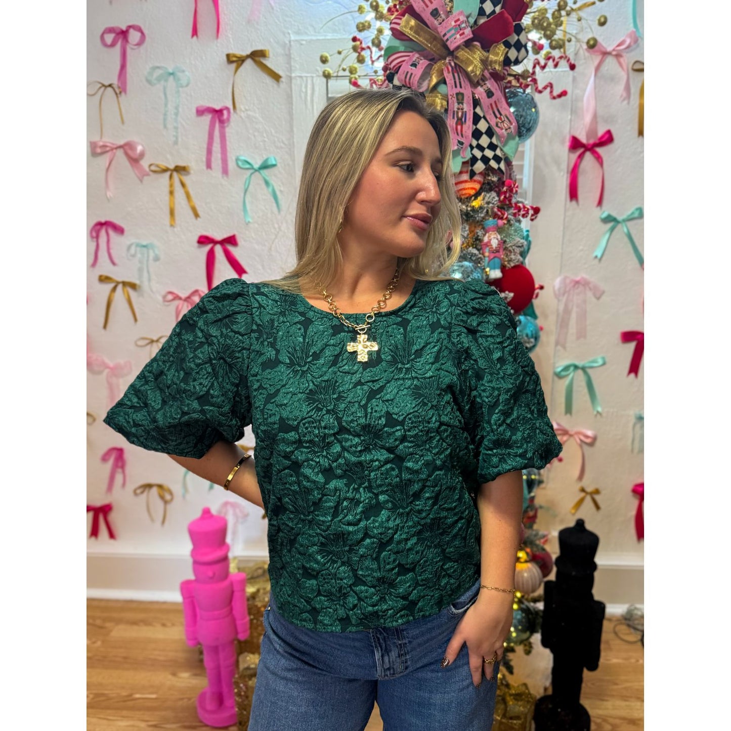 Hunter Green Floral Detail Blouse